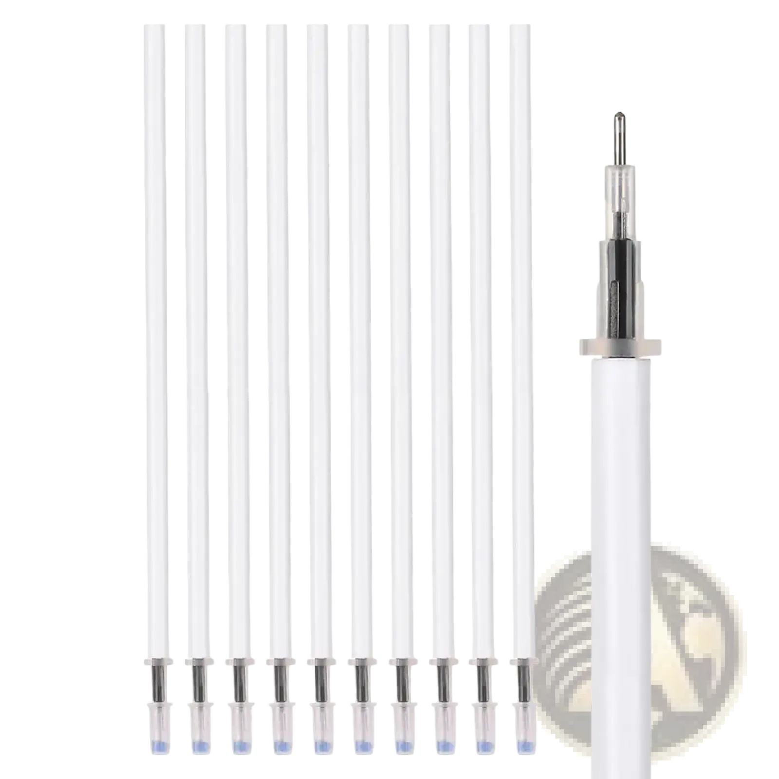 Set of ten transparent white gel pen refills with silver tips and blue ink reservoirs for black ink writing