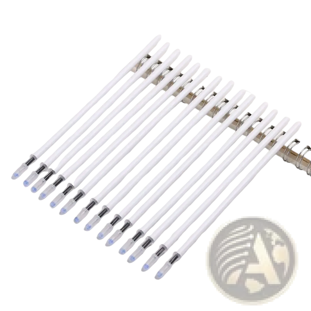A set of white gel pens with transparent caps and silver accents arranged on a wooden surface for black ink gel pen refills