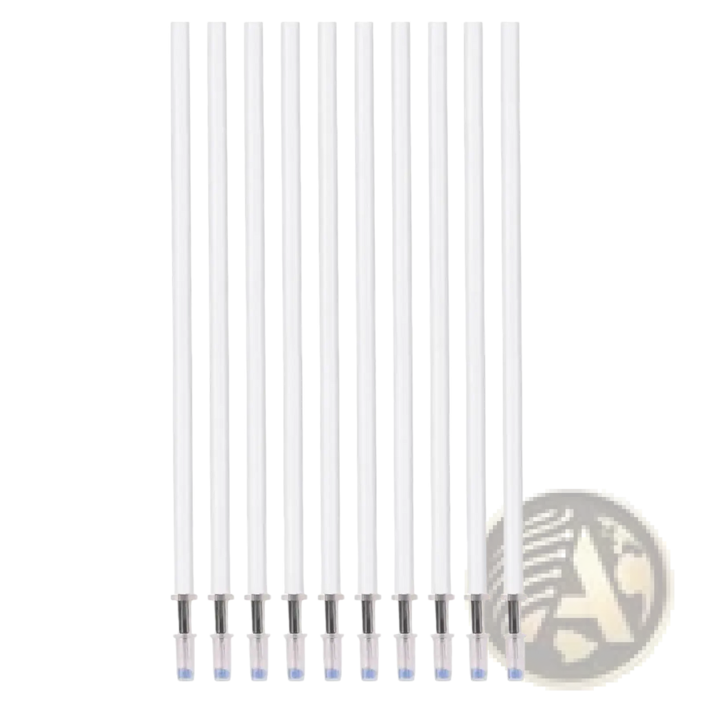 Ten clear plastic refillable ballpoint pen tips with silver metal parts and blue ink reservoirs gel pen refills black ink 10 pack