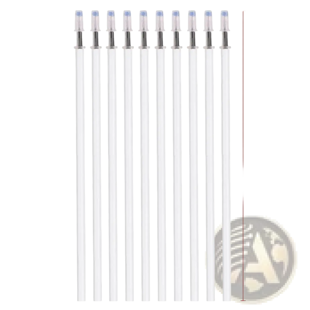 Ten transparent white gel pen refill tips with silver clips and blue ink cartridges 13cm long black ink pack