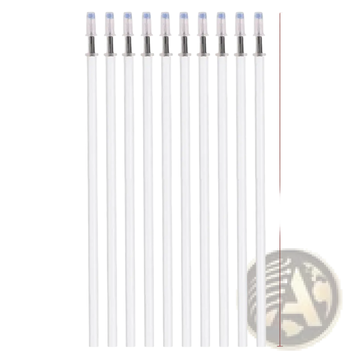 Ten transparent white gel pen refill tips with silver clips and blue ink cartridges 13cm long black ink pack