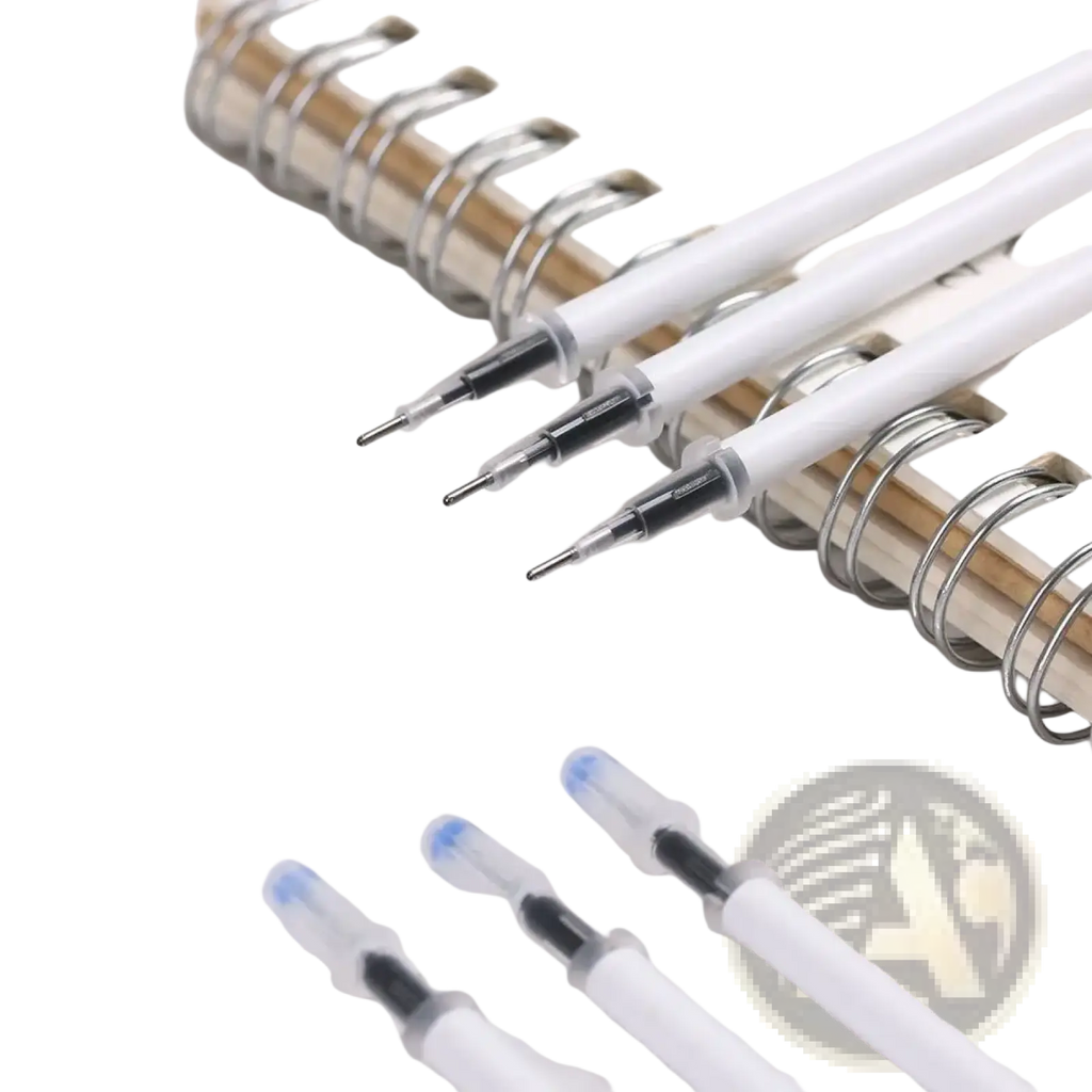 Gel pen refills black ink 10 pack with white barrels blue caps and black tips arranged on wooden surface