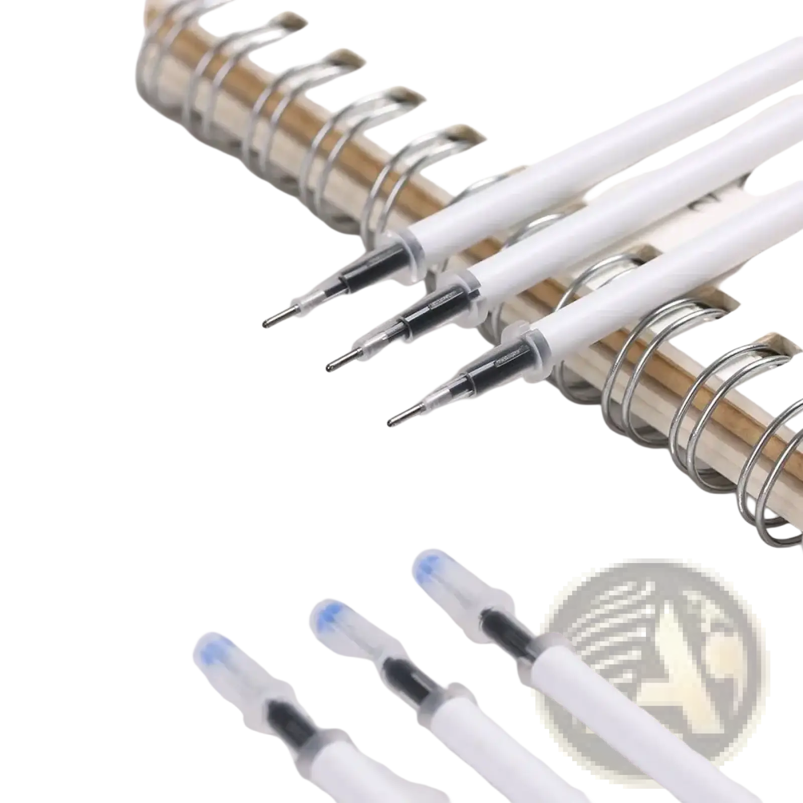Gel pen refills black ink 10 pack with white barrels blue caps and black tips arranged on wooden surface