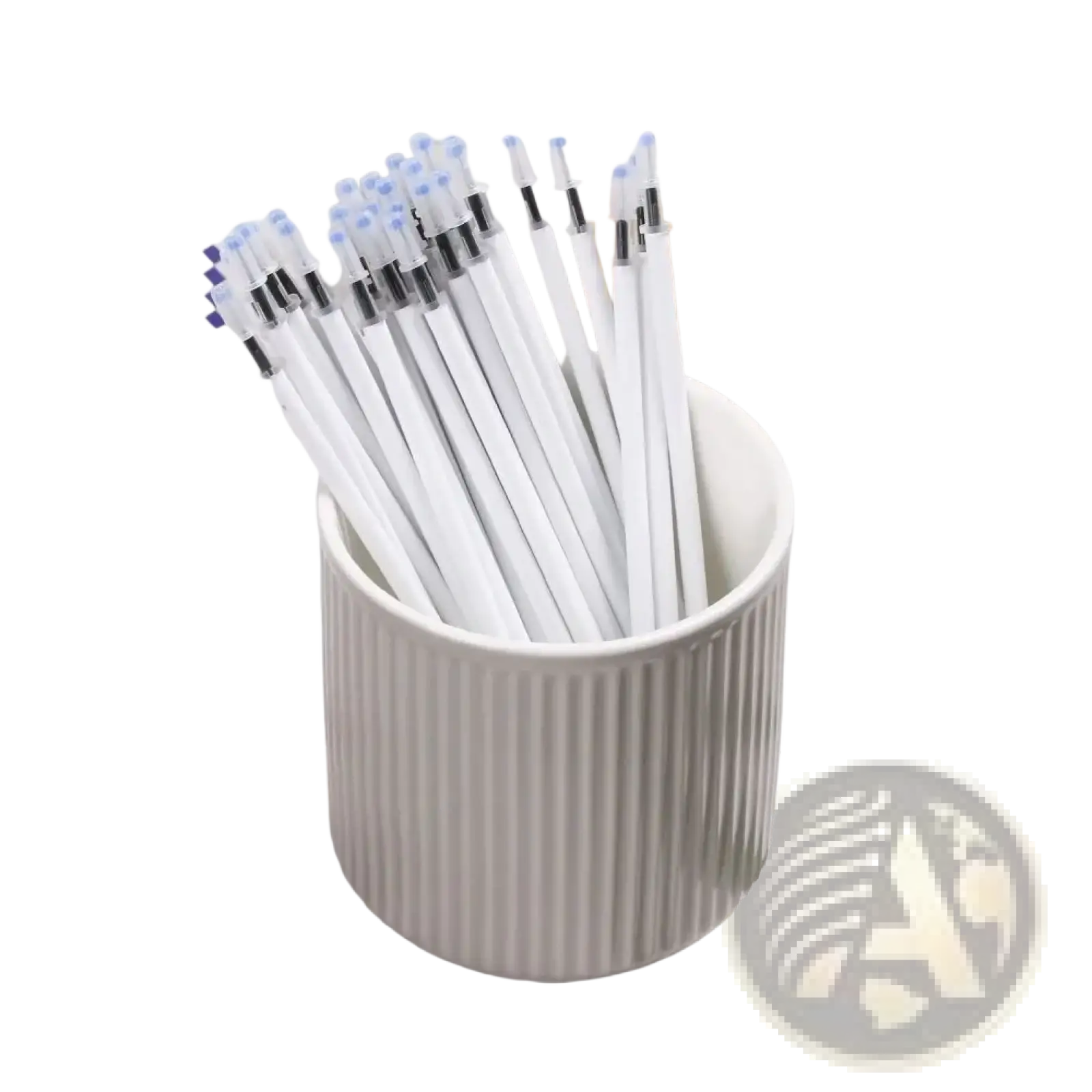 A white ceramic cup with vertical ridges holds a 10 pack of white gel pen refills with black ink and blue and black caps