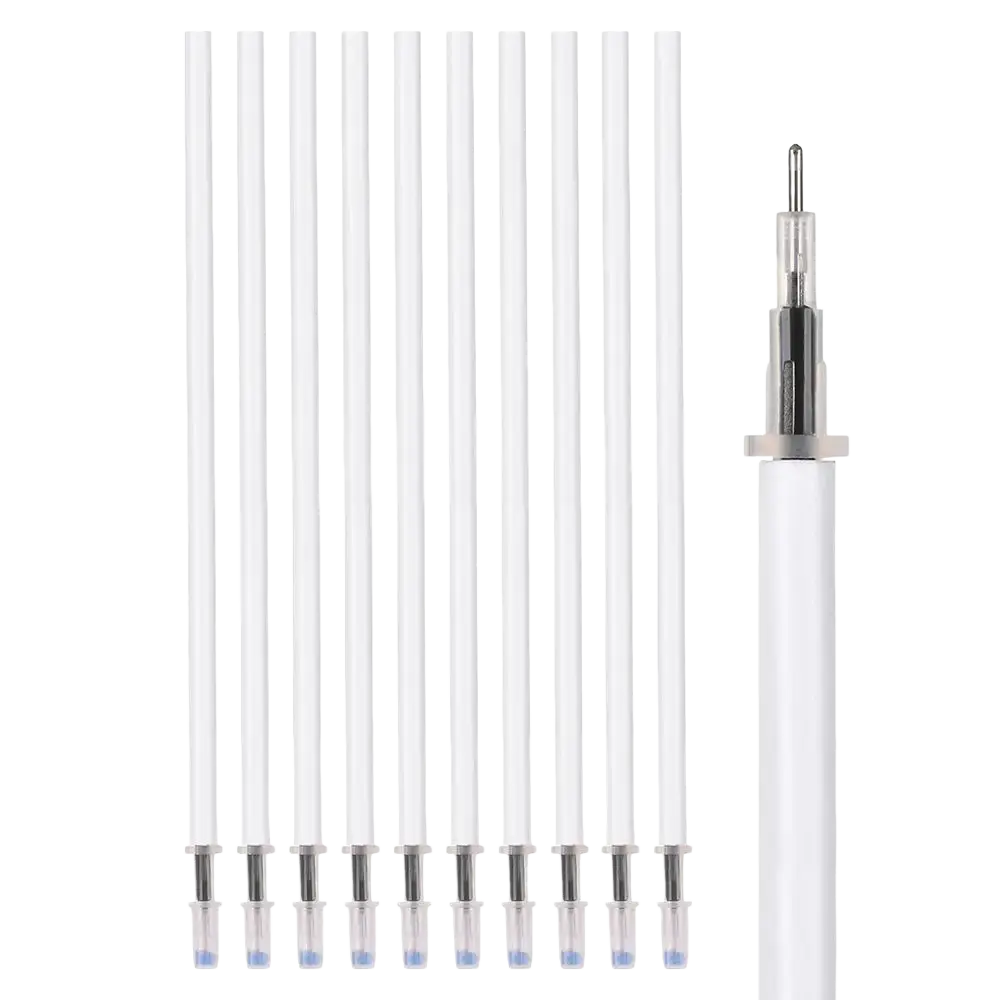 Set of ten transparent white gel pen refills with silver tips and blue ink reservoirs for black ink writing