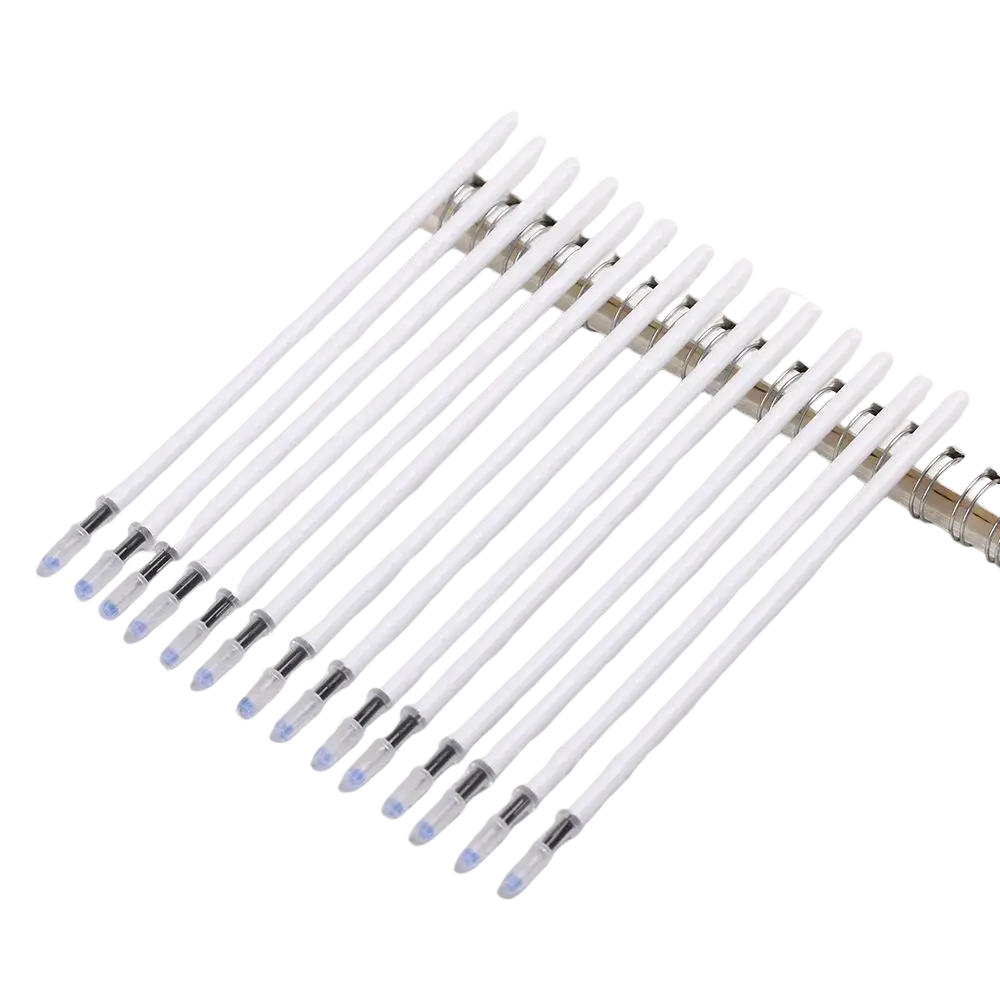 A set of white gel pens with transparent caps and silver accents arranged on a wooden surface for black ink gel pen refills