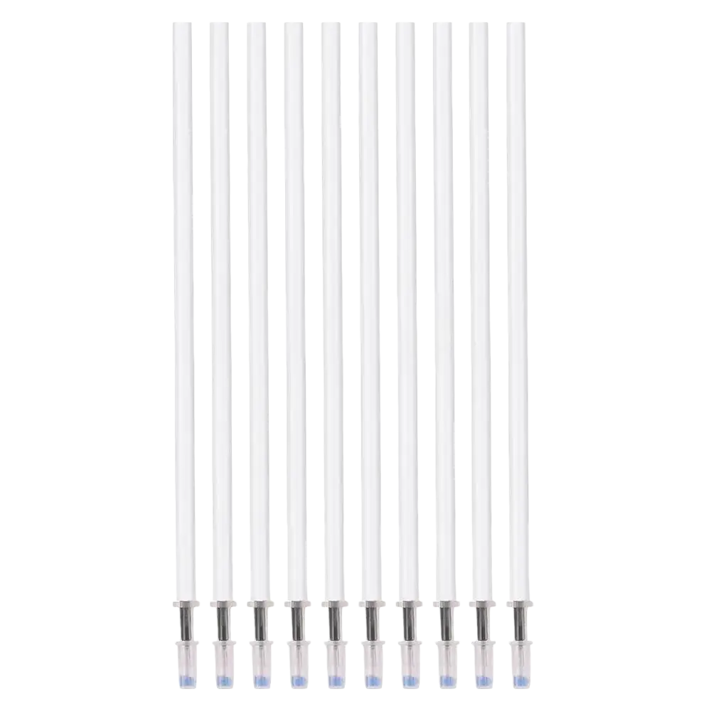 Ten clear plastic refillable ballpoint pen tips with silver metal parts and blue ink reservoirs gel pen refills black ink 10 pack
