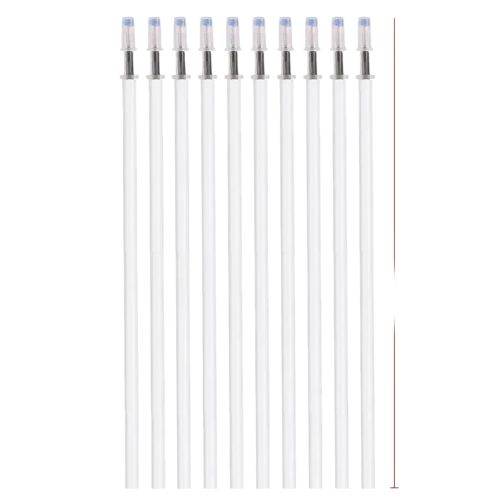 Ten transparent white gel pen refill tips with silver clips and blue ink cartridges 13cm long black ink pack