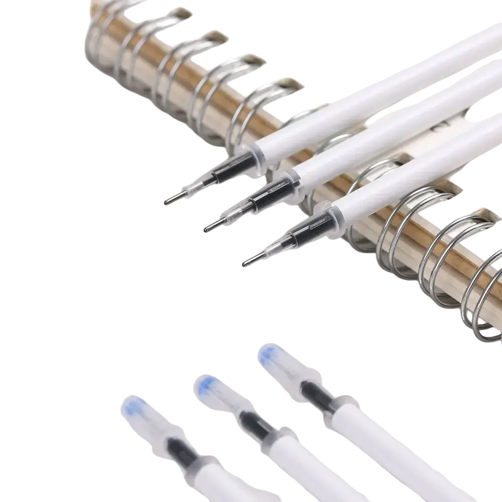 Gel pen refills black ink 10 pack with white barrels blue caps and black tips arranged on wooden surface