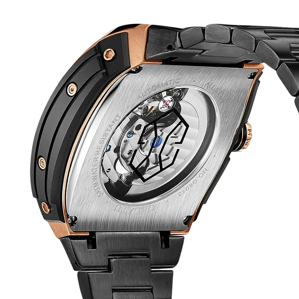Gelatu men automatic skeleton tourbillon watch with black and rose gold stainless steel case and exposed mechanical movement