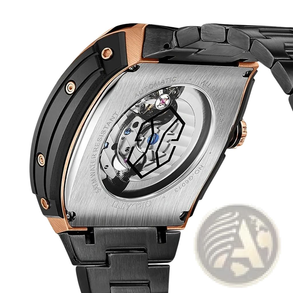 Gelatu men automatic skeleton tourbillon watch with black and rose gold stainless steel case and exposed mechanical movement