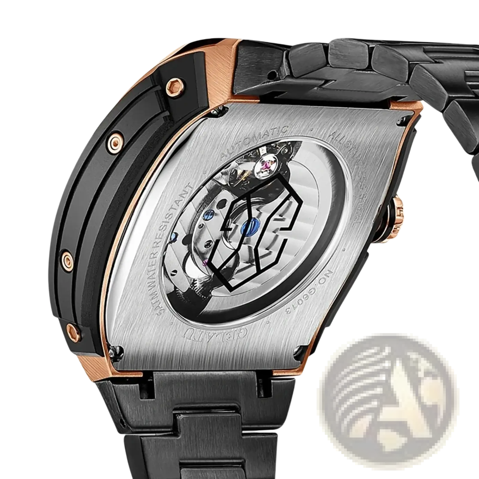 Gelatu men automatic skeleton tourbillon watch with black and rose gold stainless steel case and exposed mechanical movement