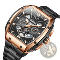 Gelatu men automatic skeleton tourbillon watch featuring a sleek black and rose gold design with transparent mechanical face
