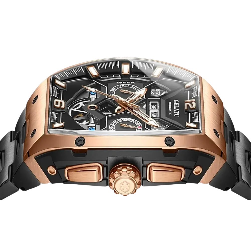 Gelatu men automatic skeleton tourbillon watch with rose gold case, black dial, exposed movement, and black stainless steel bracelet