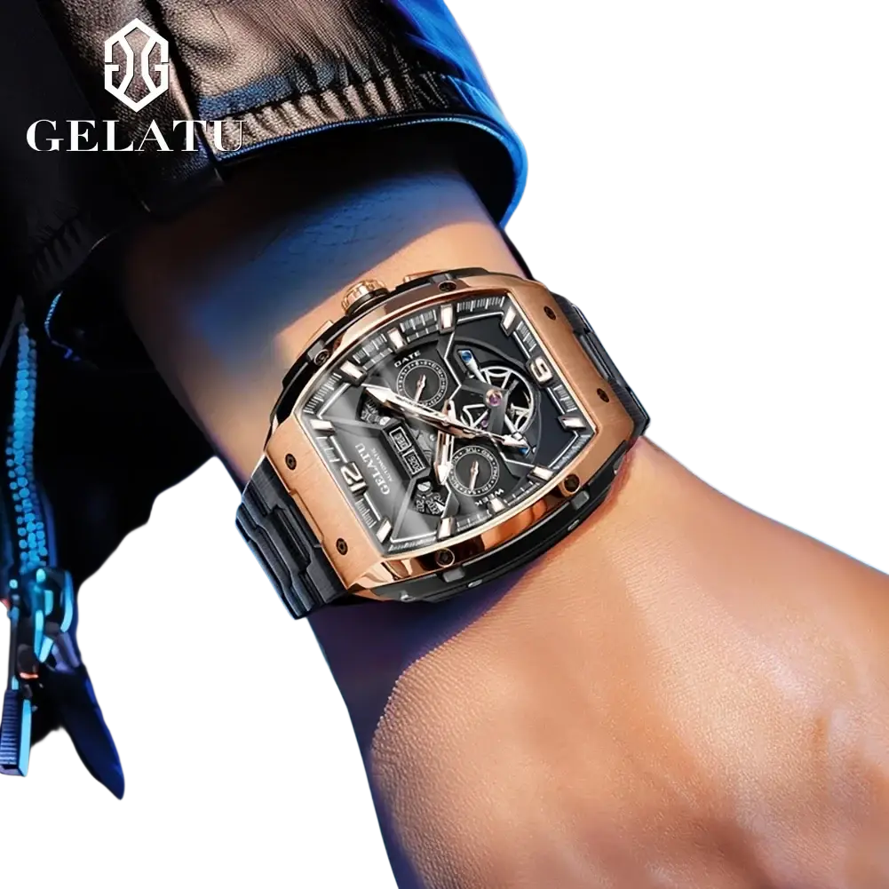 Gelatu men automatic skeleton tourbillon watch with rose gold-tone case and black dial with multiple subdials on wrist
