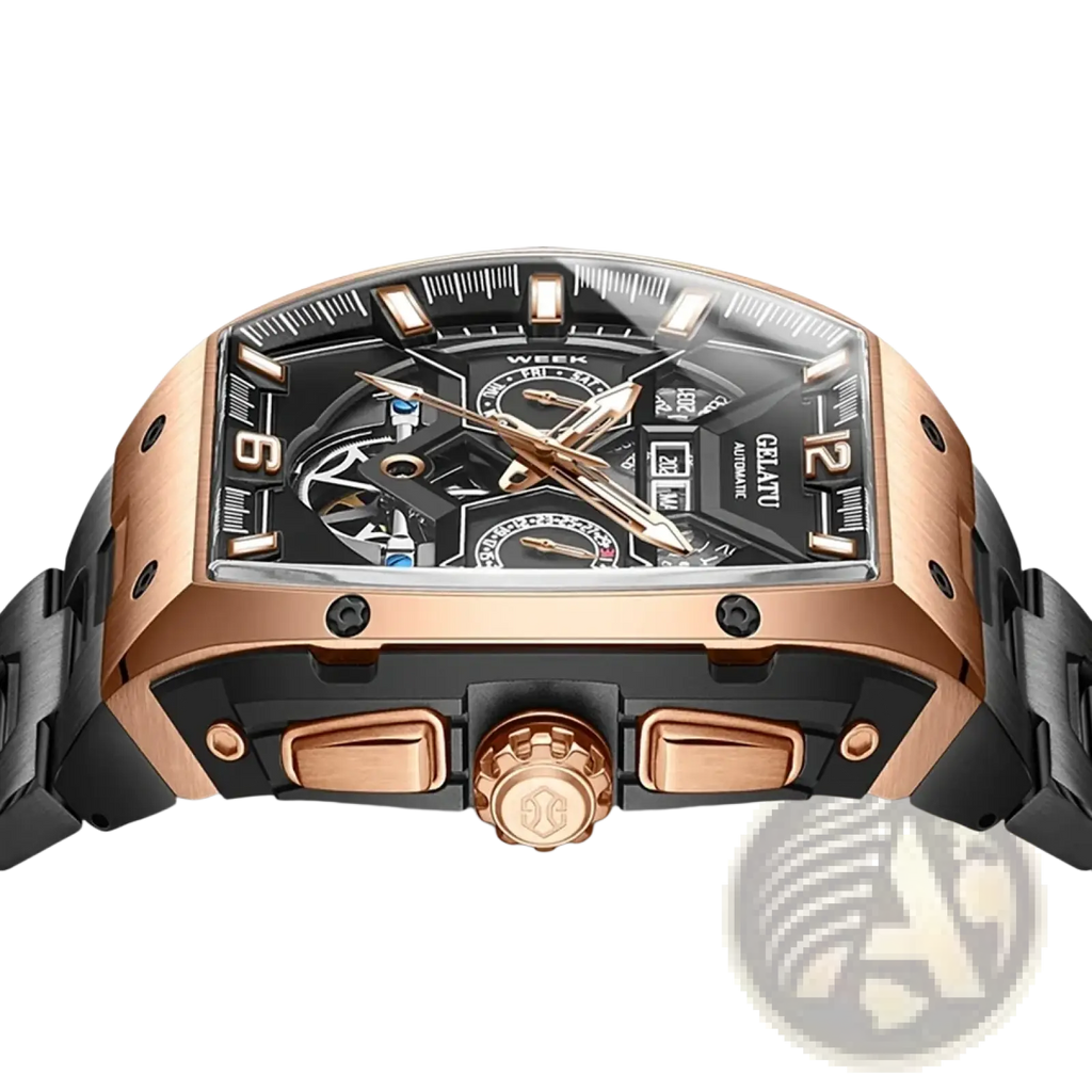 Gelatu men automatic skeleton tourbillon watch with rose gold case, black dial, exposed movement, and black stainless steel bracelet