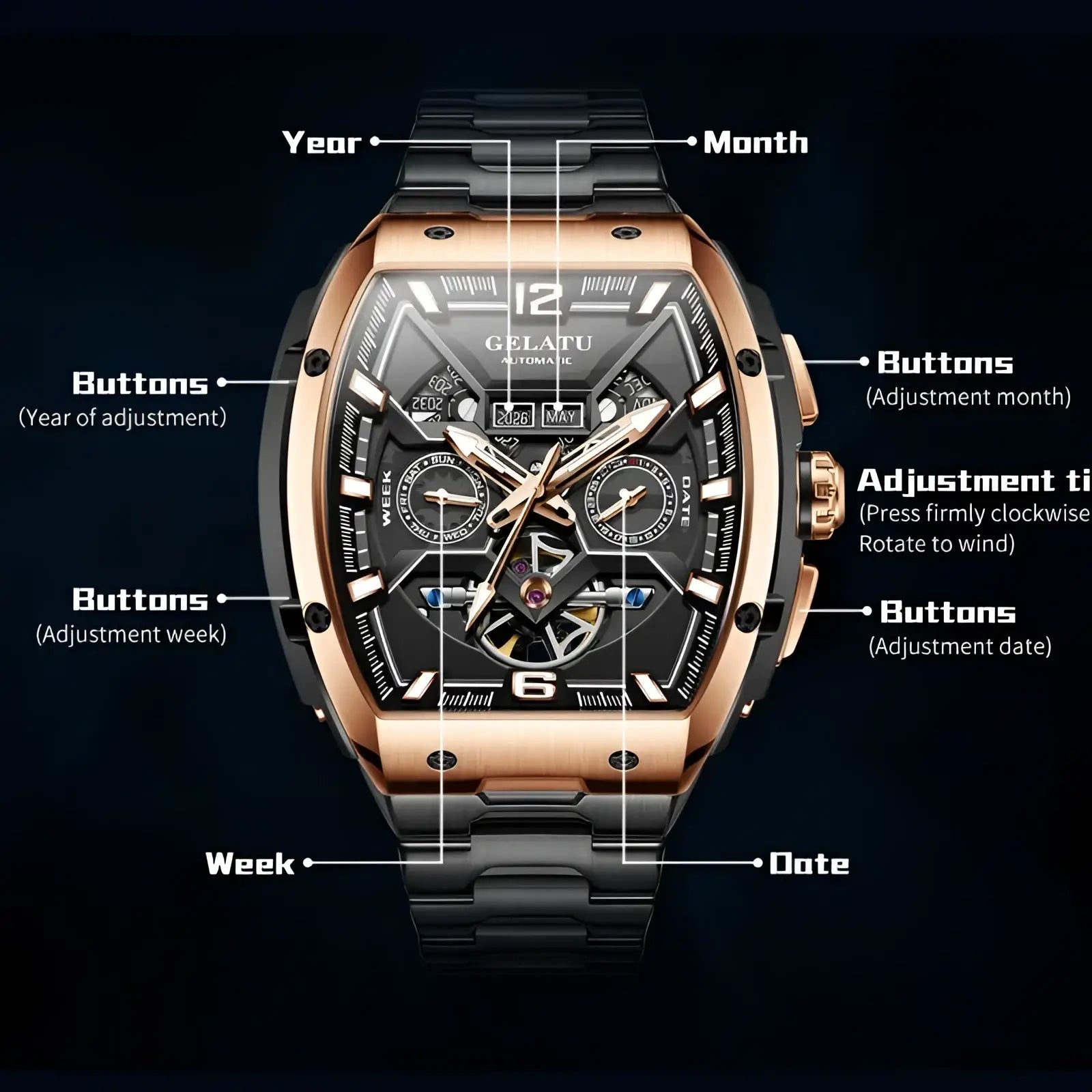 Gelatu men automatic skeleton tourbillon watch in retro rose gold and black with intricate inner workings visible