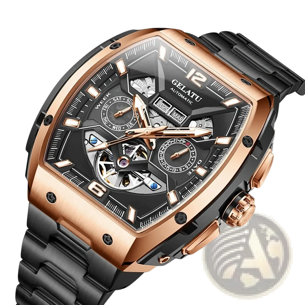 Gelatu men automatic skeleton tourbillon watch with rose gold-tone case black dial and exposed mechanical movement