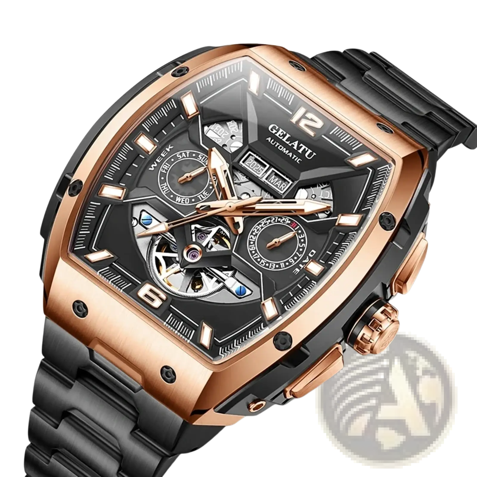 Gelatu men automatic skeleton tourbillon watch with rose gold-tone case black dial and exposed mechanical movement