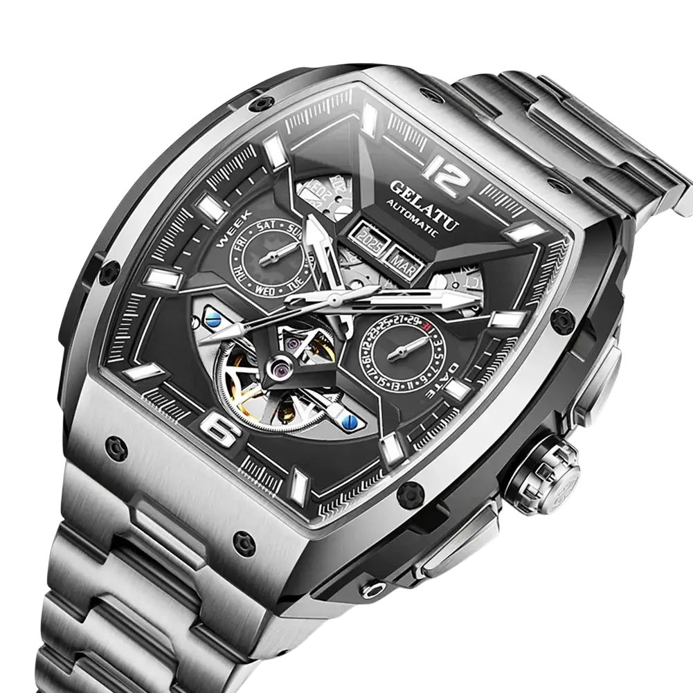 Gelatu men automatic skeleton tourbillon watch with silver-toned case black dial and exposed mechanical movement