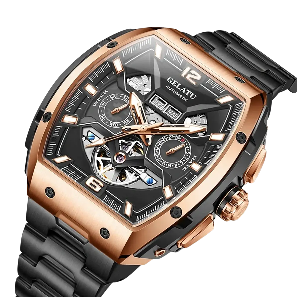 Gelatu men automatic skeleton tourbillon watch featuring a sleek black and rose gold design with transparent mechanical face