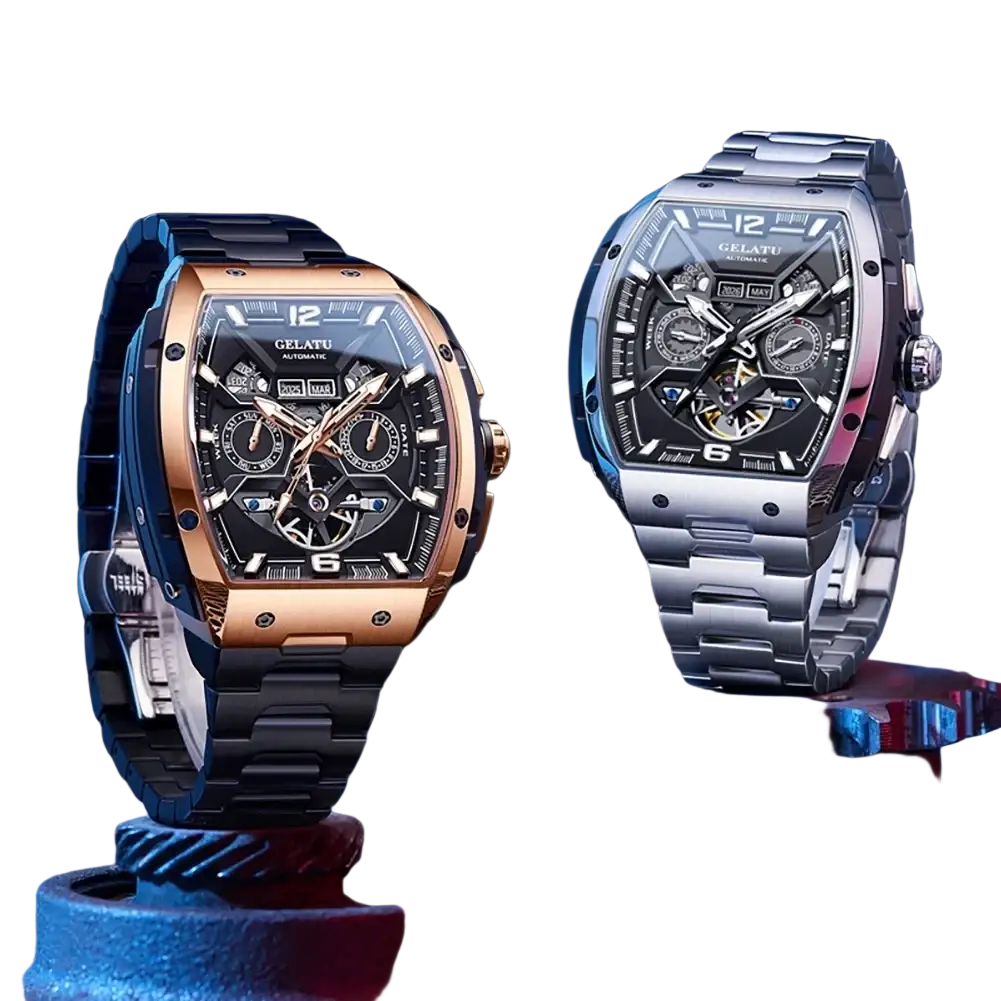 Gelatu men automatic skeleton tourbillon watch with sleek rectangular design and intricate dial details in silver tone