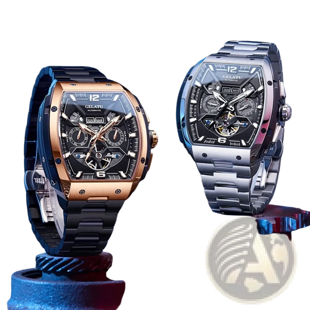 Gelatu men automatic skeleton tourbillon watch with sleek rectangular design and intricate dial details in silver tone