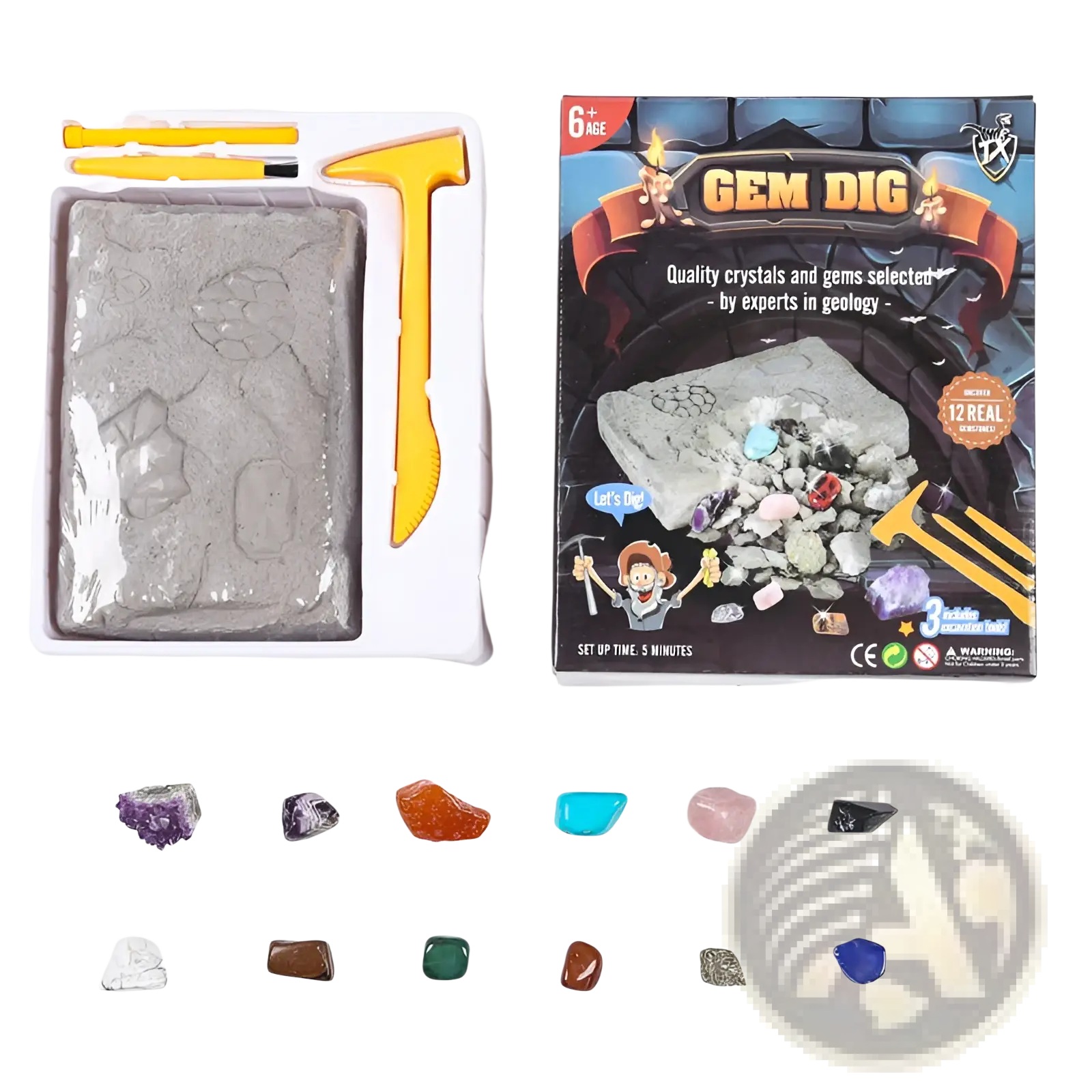The gem dig kit kids stem geology toy features a gray textured play dirt panel with 12 colorful real crystals embedded