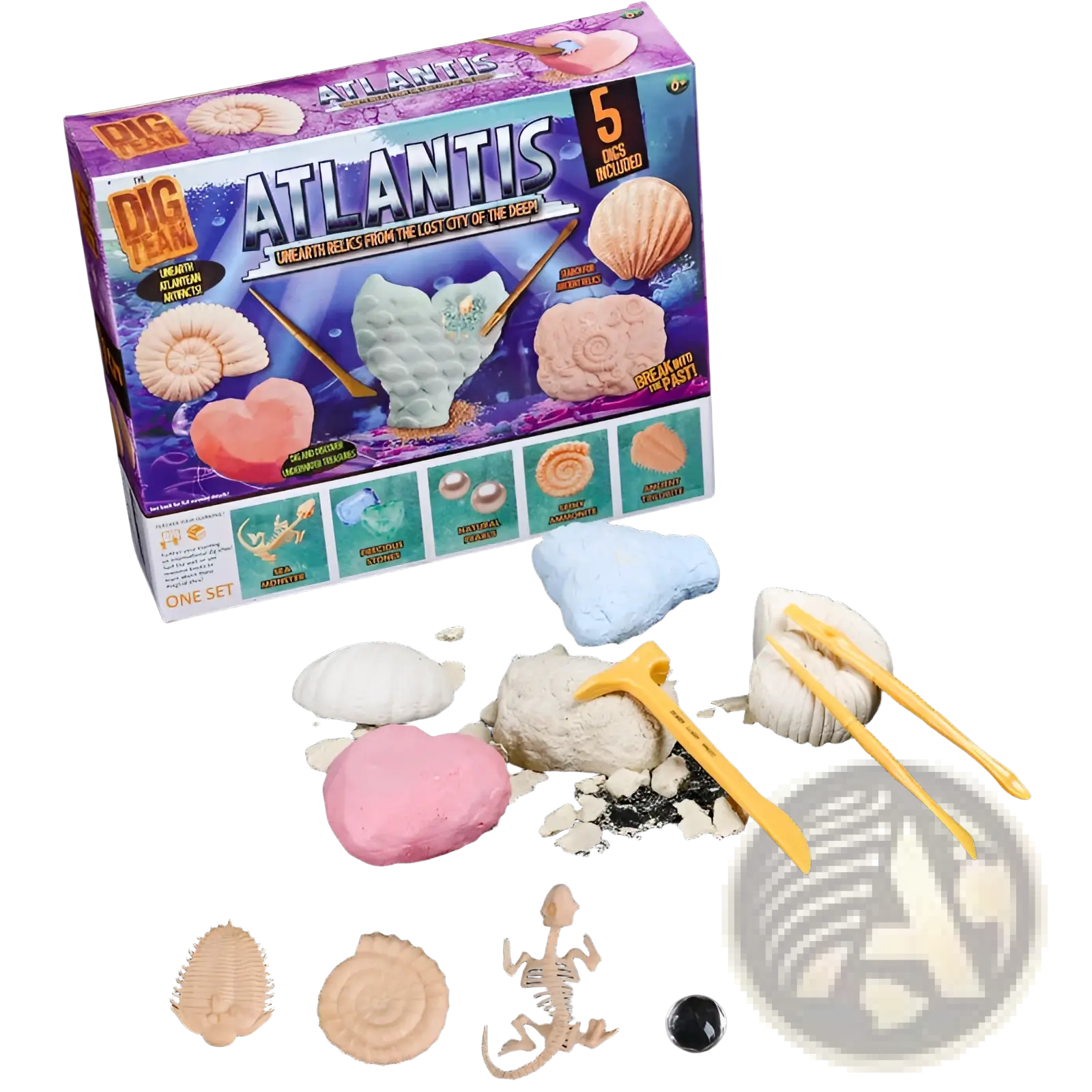 The Atlantis dig team gem dig kit features colorful molded fossil replicas in pink white blue with yellow excavation tools