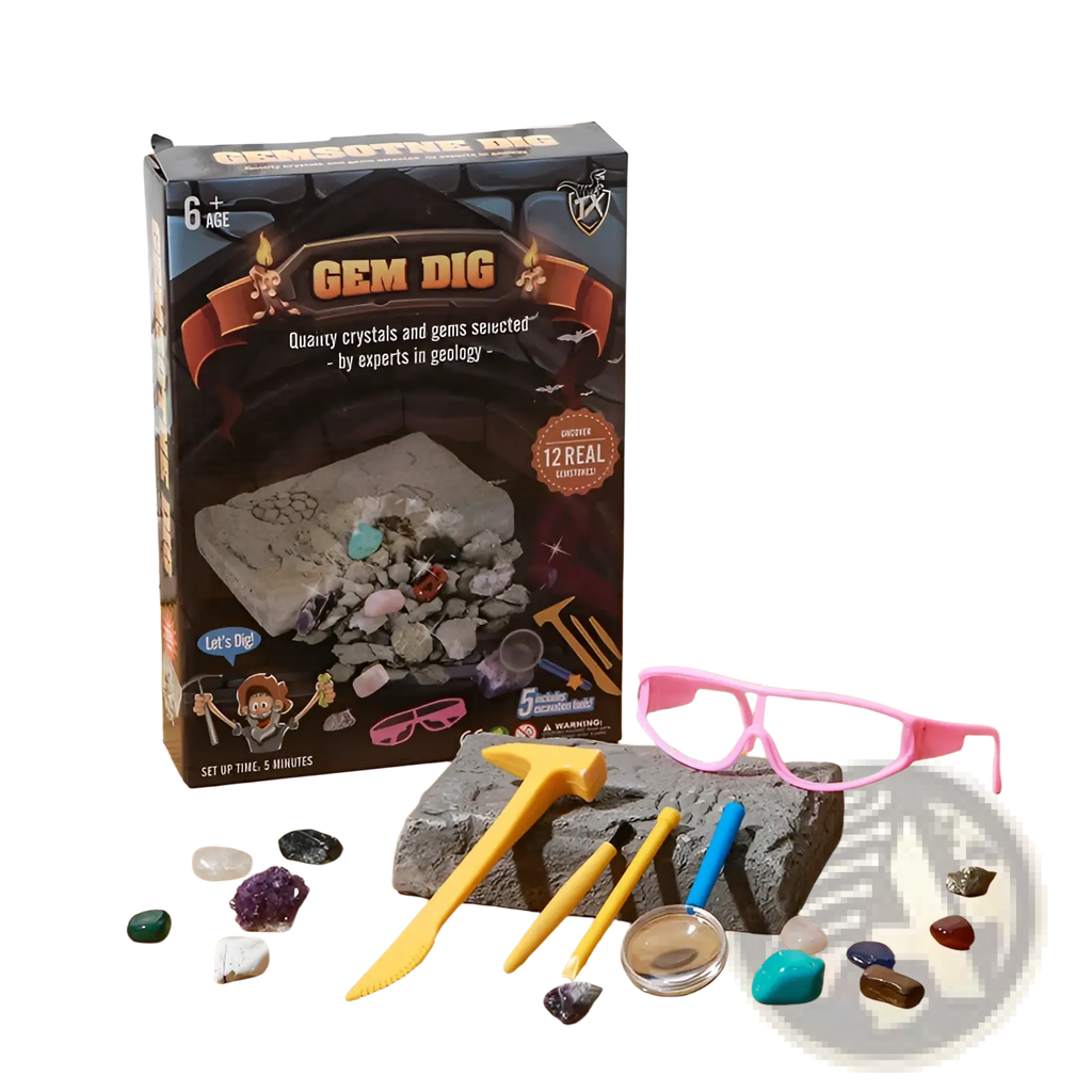 The gem dig kit kids stem geology toy includes a black box with colorful gems, yellow and blue tools, pink goggles, and crystals