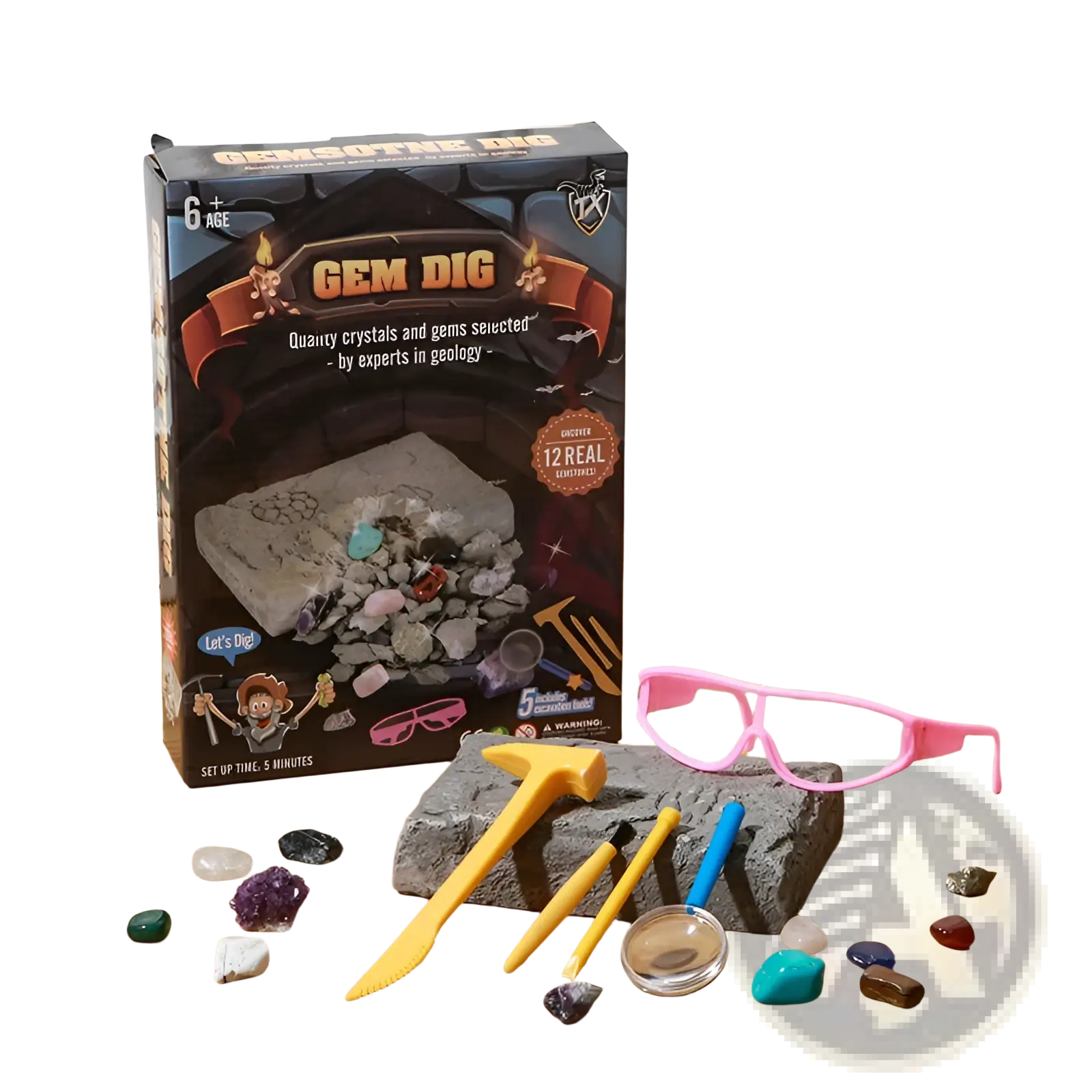 The gem dig kit kids stem geology toy includes a black box with colorful gems, yellow and blue tools, pink goggles, and crystals