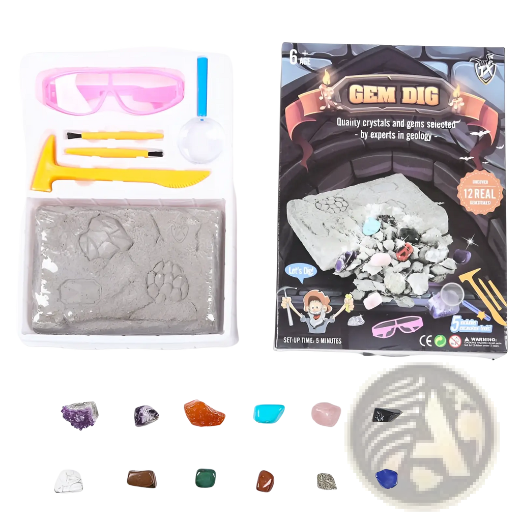 The gem dig kit kids stem geology toy includes a gray sand tray with crystal molds, pink goggles, yellow tools, and 12 real gemstones