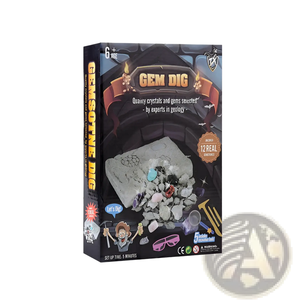 Gem dig kit kids stem geology toy box with black and orange design featuring illustrated tools pink safety goggles and 12 gemstones