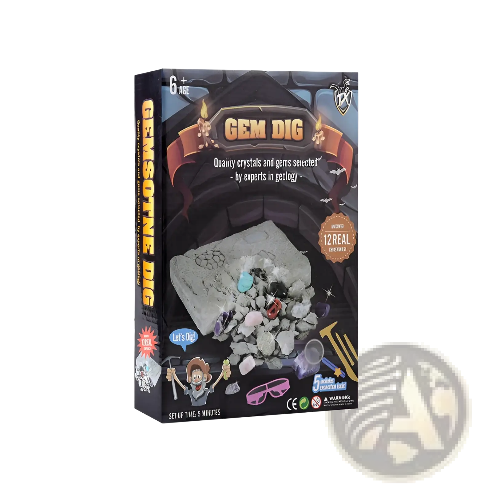 Gem dig kit kids stem geology toy box with black and orange design featuring illustrated tools pink safety goggles and 12 gemstones