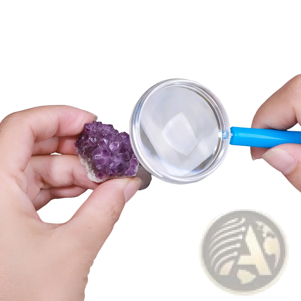 A vibrant purple amethyst geode cluster held in hand from gem dig kit kids stem geology toy showcasing crystals