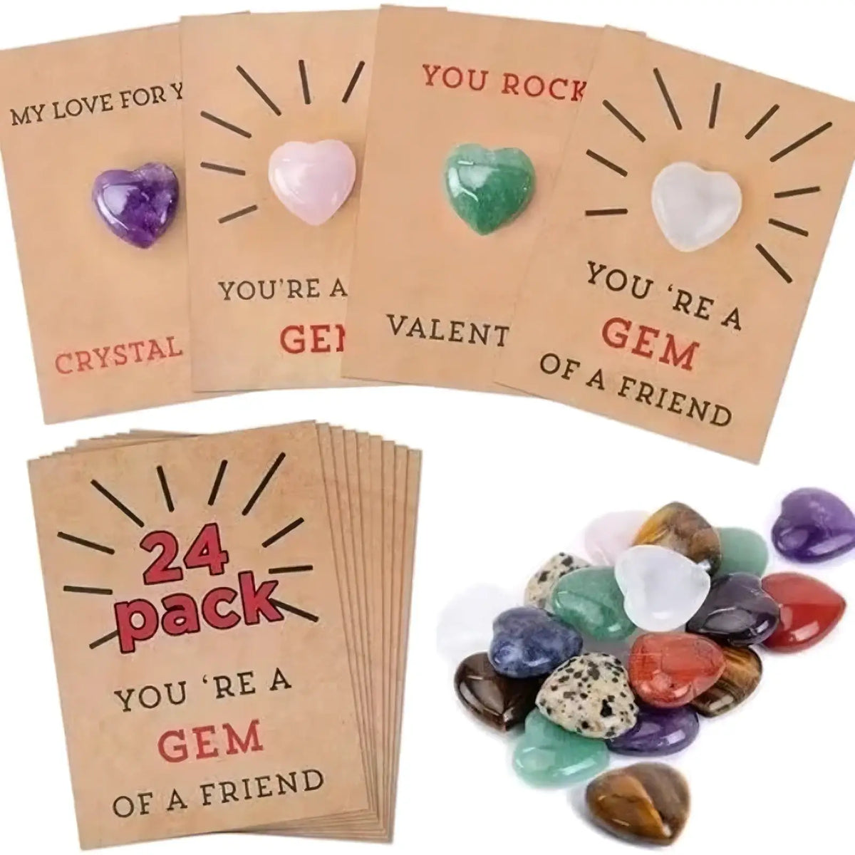 A 24 pack of gemstone heart valentine cards with colorful stones and matching brown kraft paper cards with romantic messages