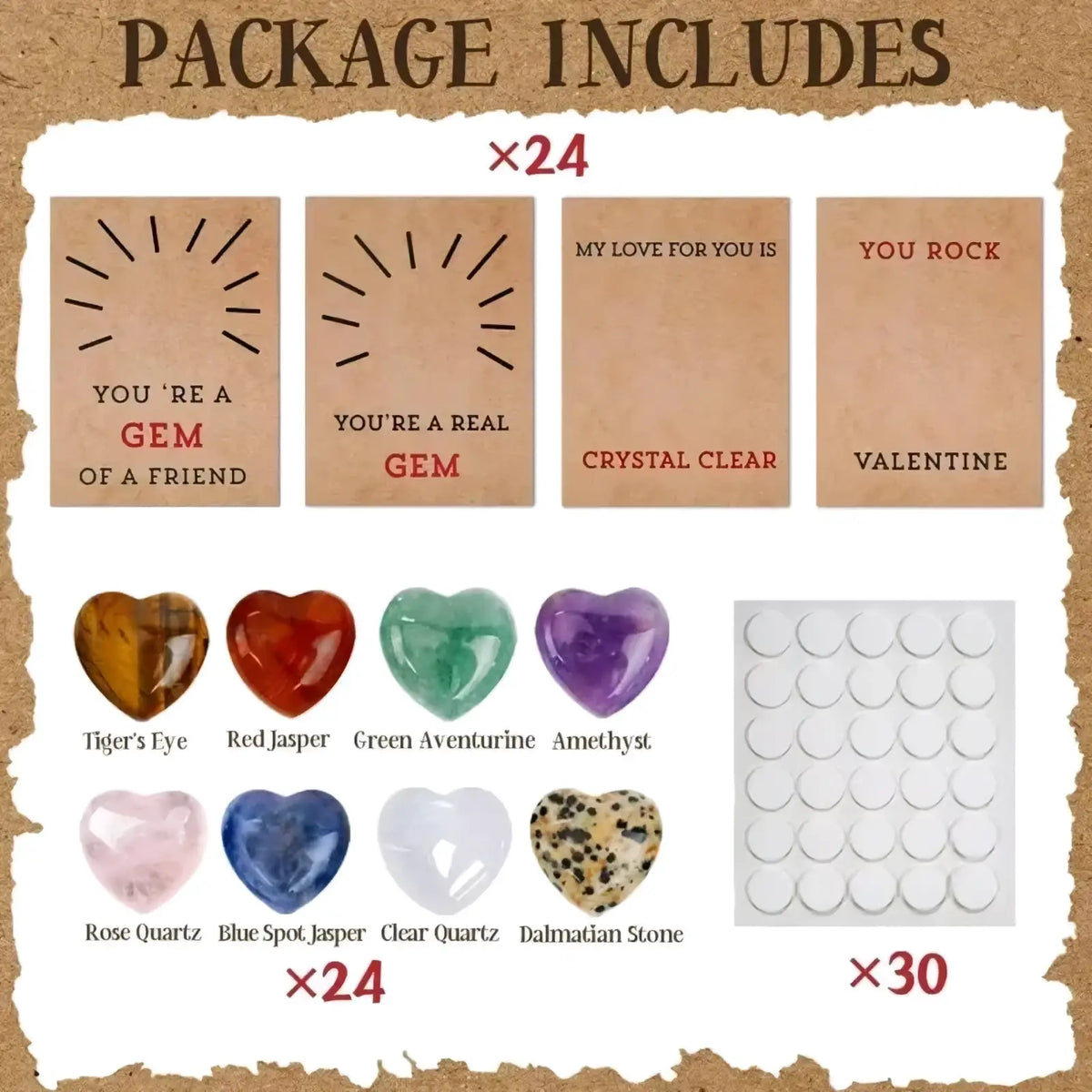 Set of 24 heart-shaped gemstone charms in assorted colors and materials for valentine cards gift pack