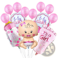 Gender reveal balloon kit 13pcs featuring pink and white it is a girl themed baby face foot bottle and cloud balloons