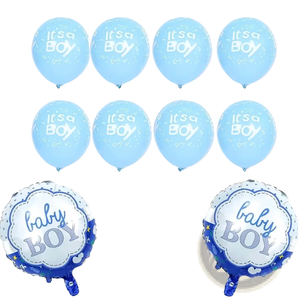 Gender reveal balloon kit 13pcs featuring light blue latex and foil balloons with it is a boy printed in white and silver navy designs