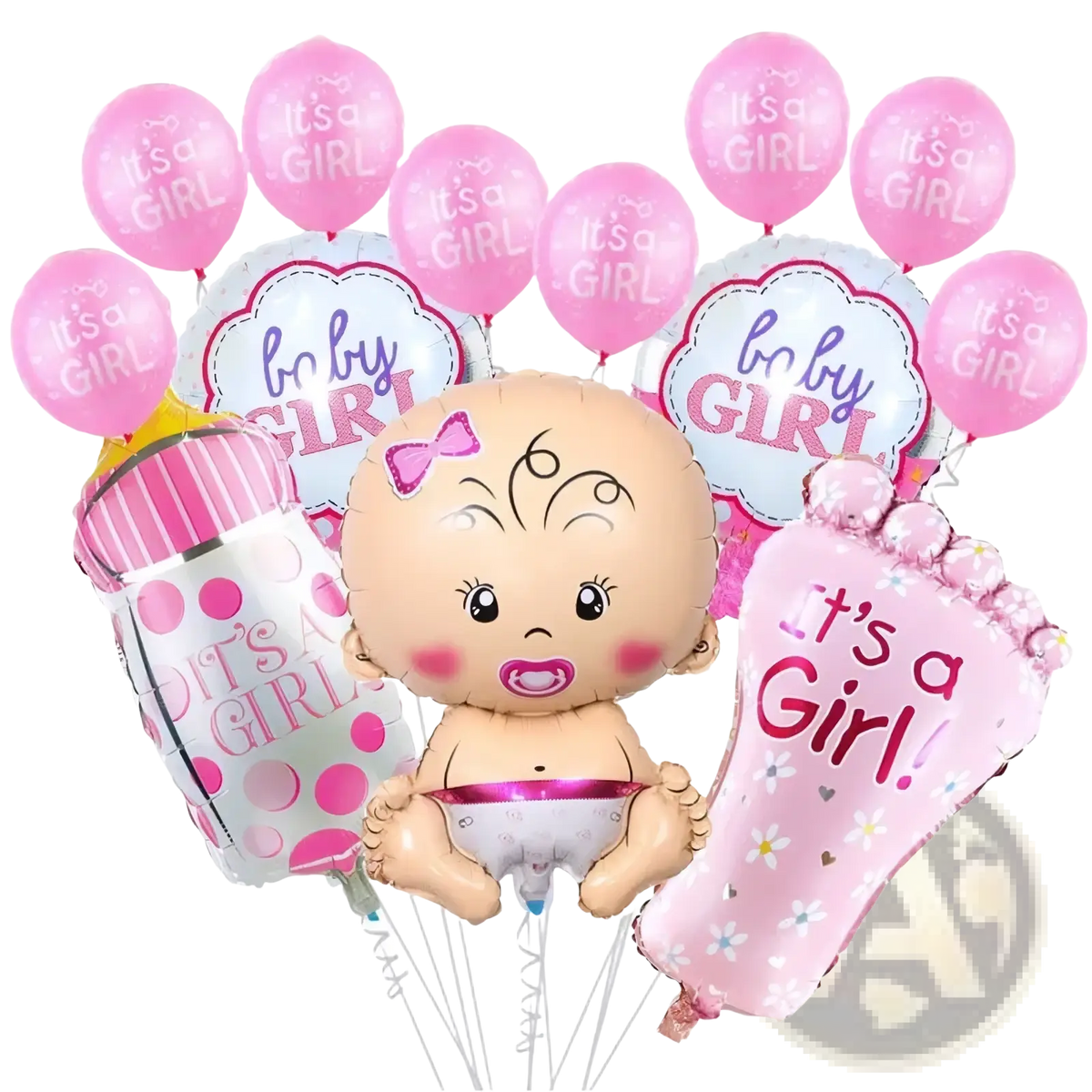Gender reveal balloon kit 13pcs featuring pink and white it is a girl themed baby face foot bottle and cloud balloons