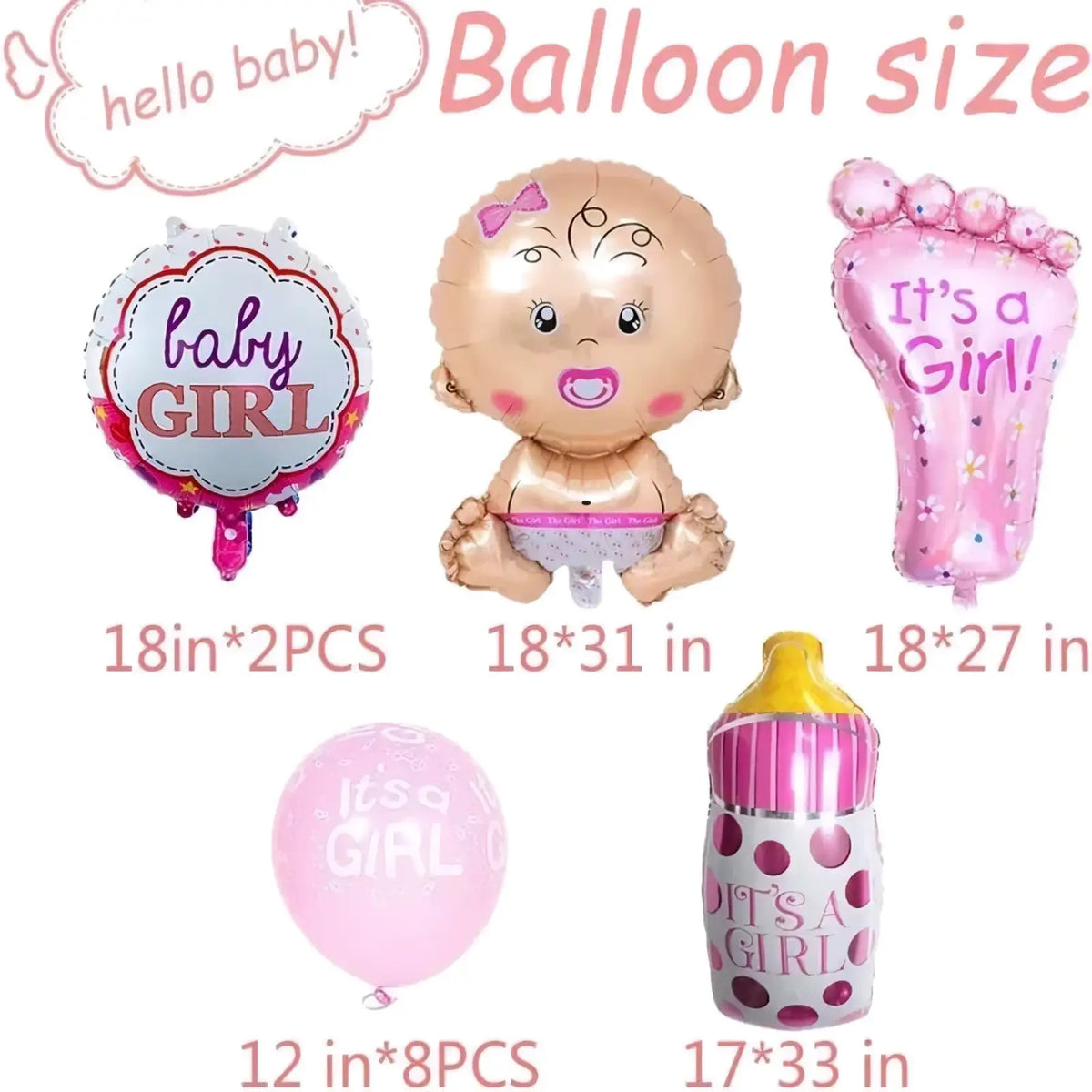 Pink and white polka dot baby bottle-shaped balloon with yellow cap from gender reveal balloon kit 13pcs