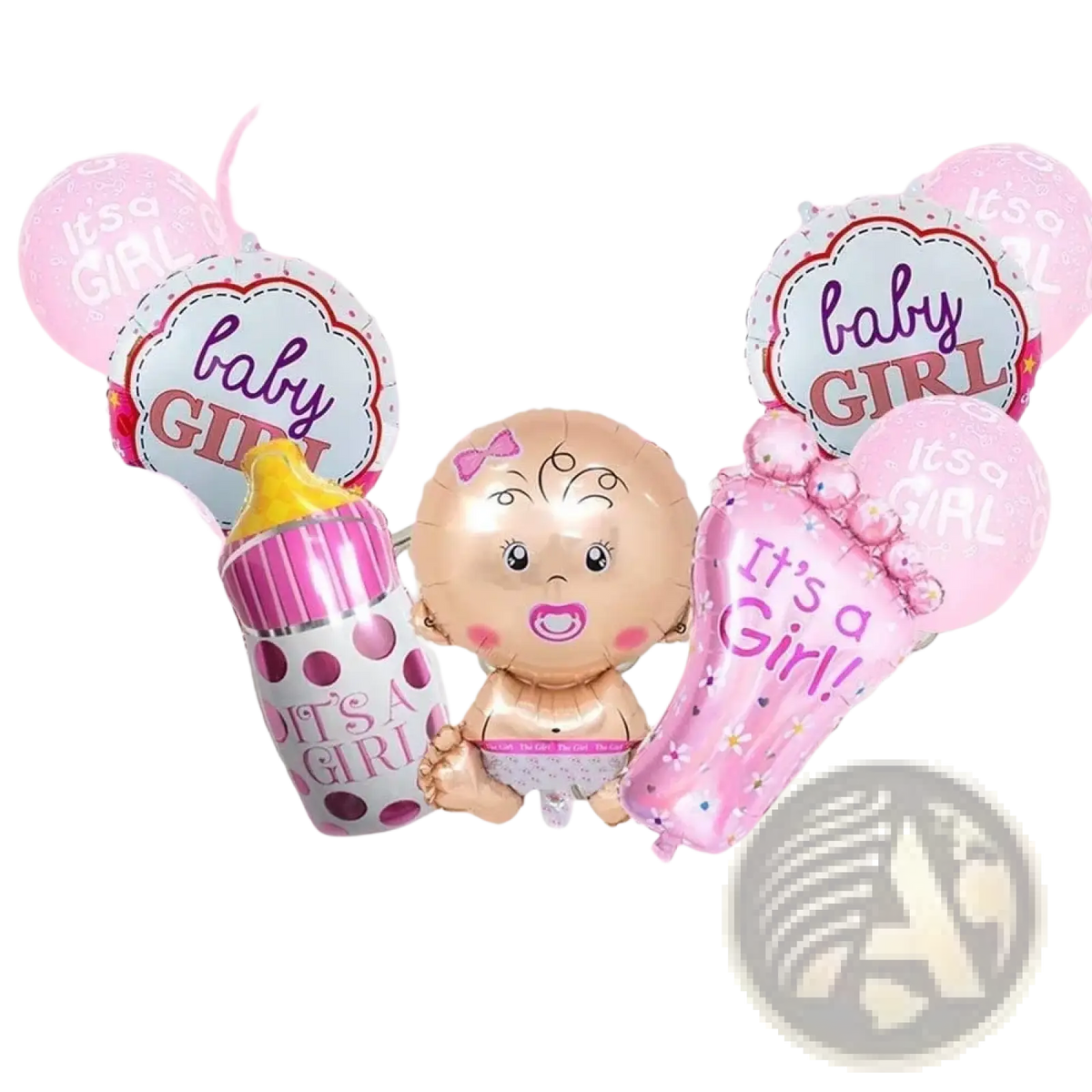 A shiny metallic baby girl balloon with a cartoon face and pink bow holding a polka-dotted bottle from a gender reveal balloon kit 13pcs