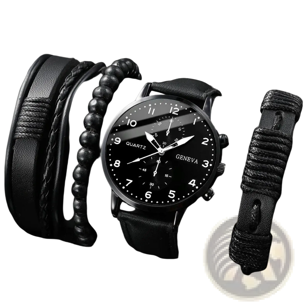 Geneva men black leather quartz dress watch with black quartz dial silver-tone hands and matching black woven bracelets