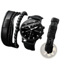 Geneva men black leather quartz dress watch with black quartz dial silver-tone hands and matching black woven bracelets