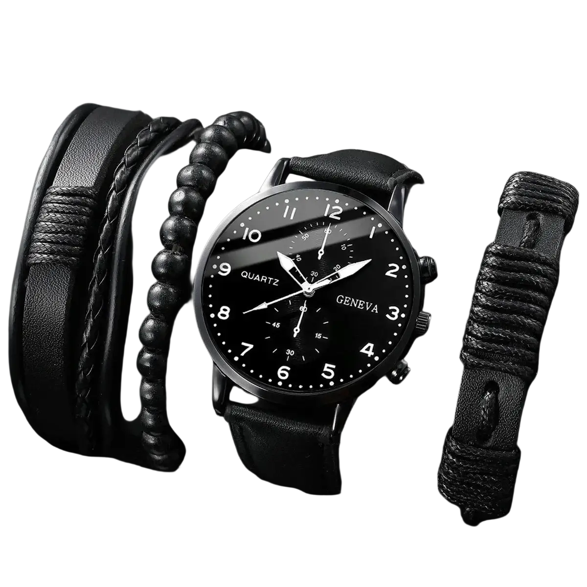 Geneva men black leather quartz dress watch with black quartz dial silver-tone hands and matching black woven bracelets