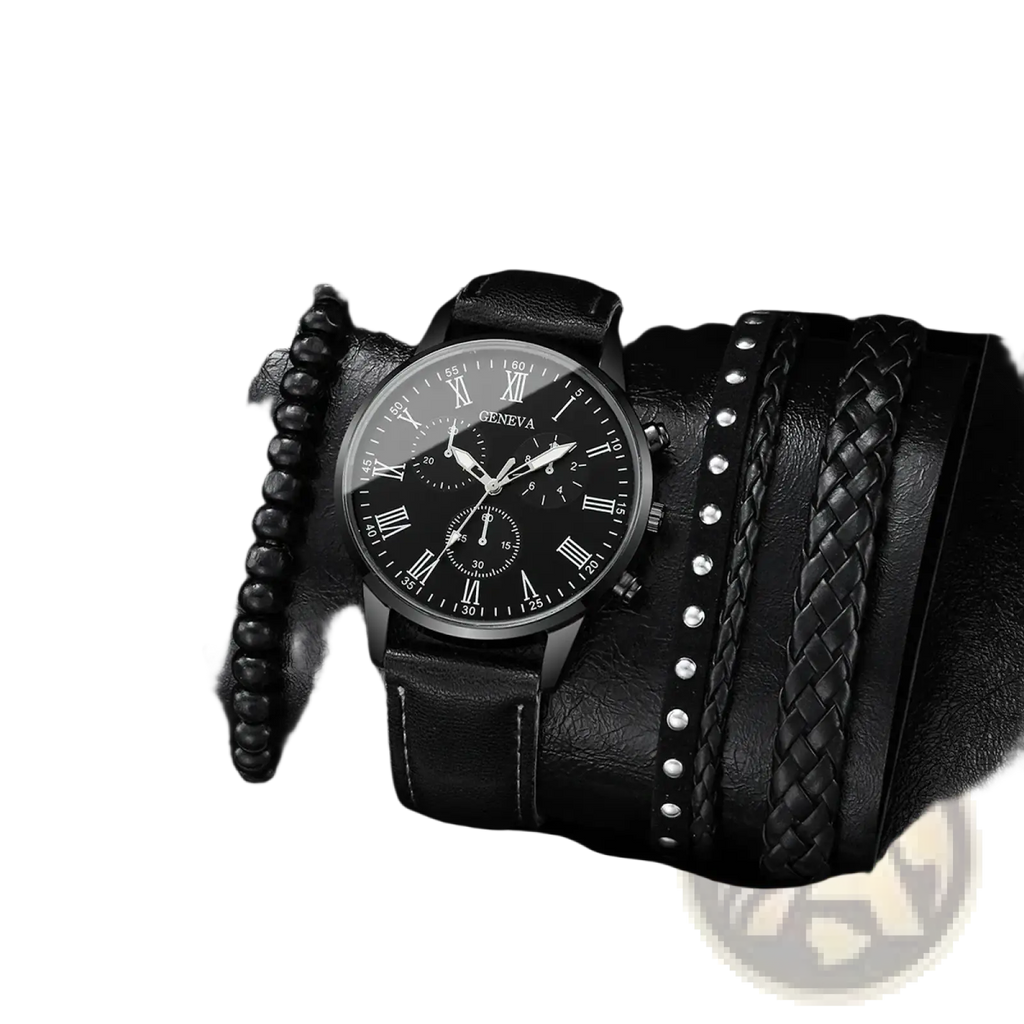 Geneva men black leather quartz dress watch with black dial featuring roman numerals and three sub-dials with four matching leather bracelets