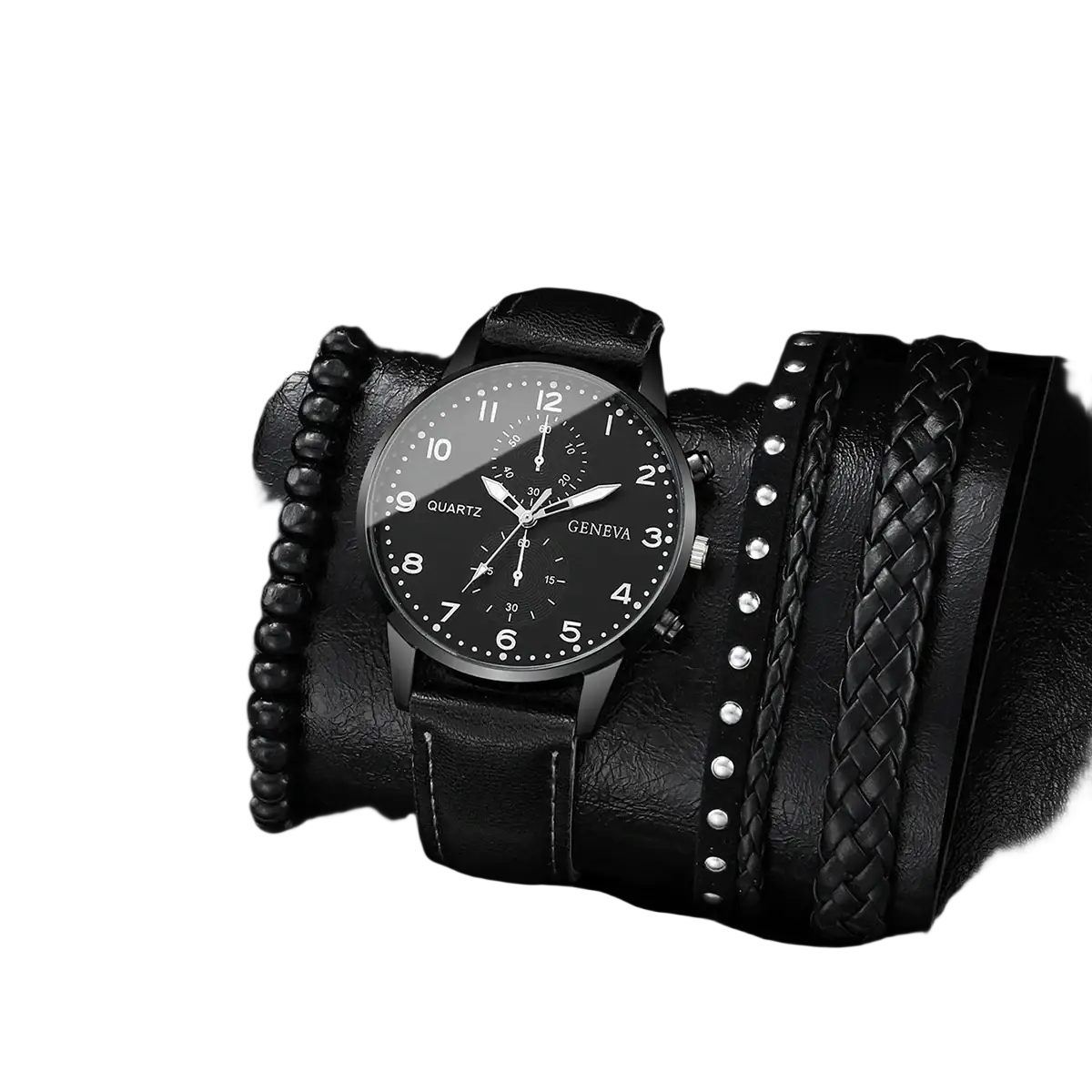 Geneva men black leather quartz dress watch with silver dial and leather strap for formal occasions