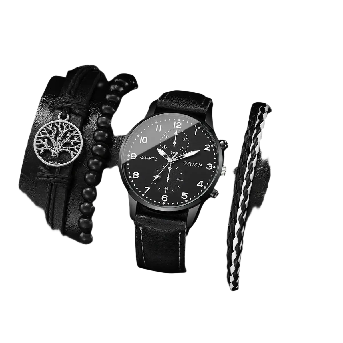 Geneva men black leather quartz dress watch with black dial silver-tone hands markers and Geneva branding on face