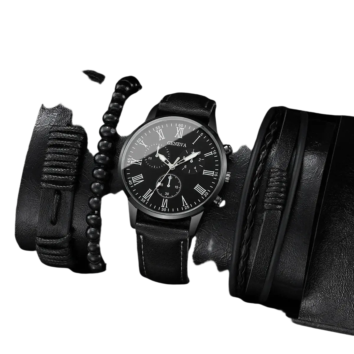 Geneva men black leather quartz dress watch with black dial roman numerals and chronograph features