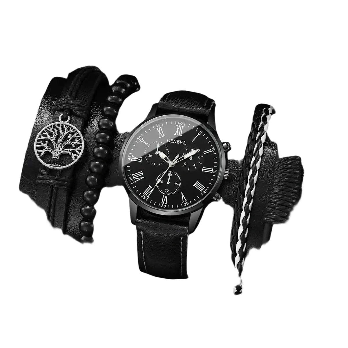 Geneva men black leather quartz dress watch with silver dial and roman numerals on a black leather strap